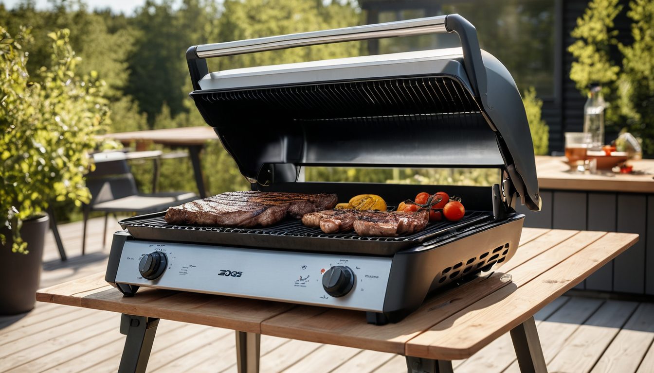 Modern elgrill på svensk sommarterrass