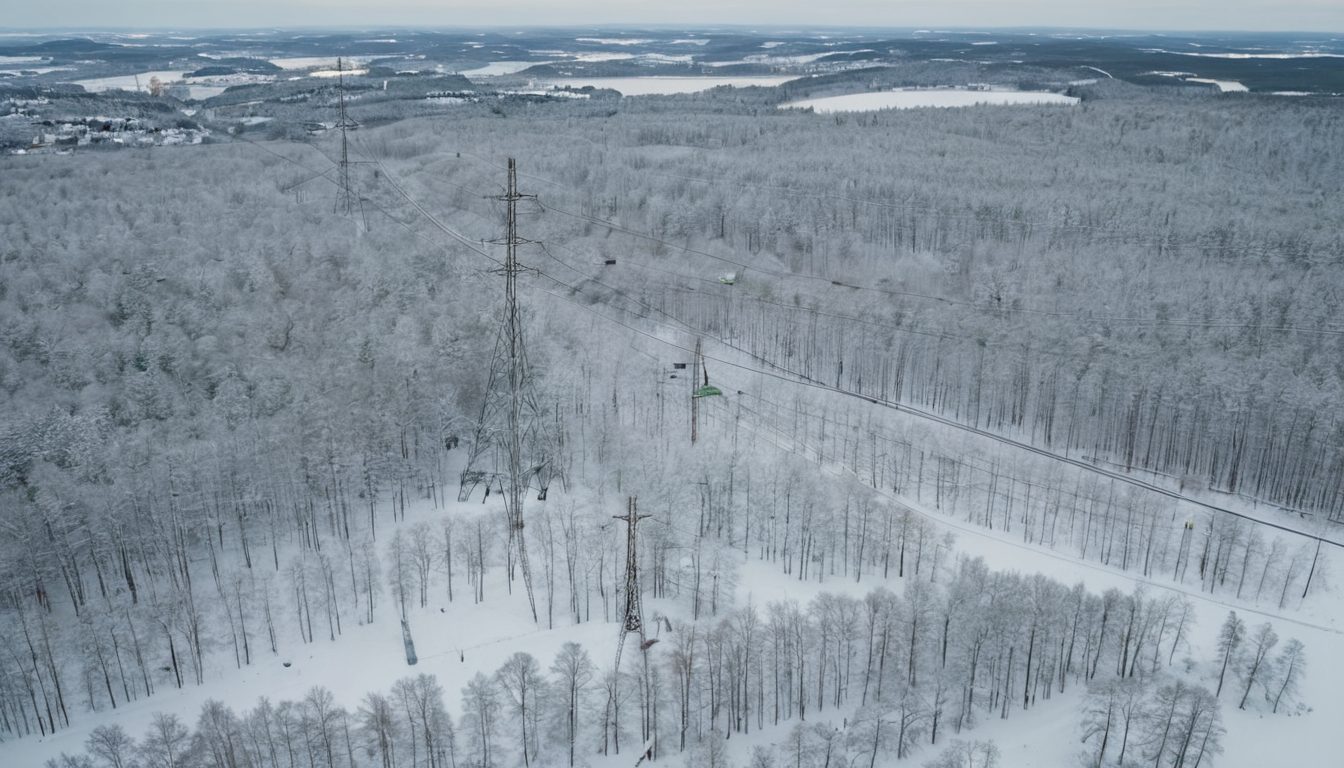 Vy över svenskt landskap med kraftledningar