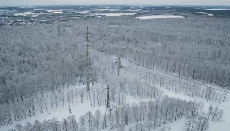 Vy över svenskt landskap med kraftledningar