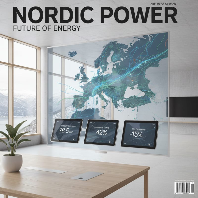 En modern kontrollpanel som visar grafer över svenska spotpriser i realtid med en bakgrund av vindkraftverk och kärnkraftreaktorer under en blå skymningshimmel. Bilden förmedlar en känsla av teknologisk precision och den svenska energimixens bredd.