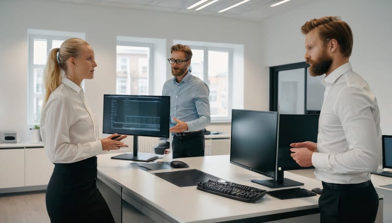 Modernt kontor med serverskåp och kollegor i möte