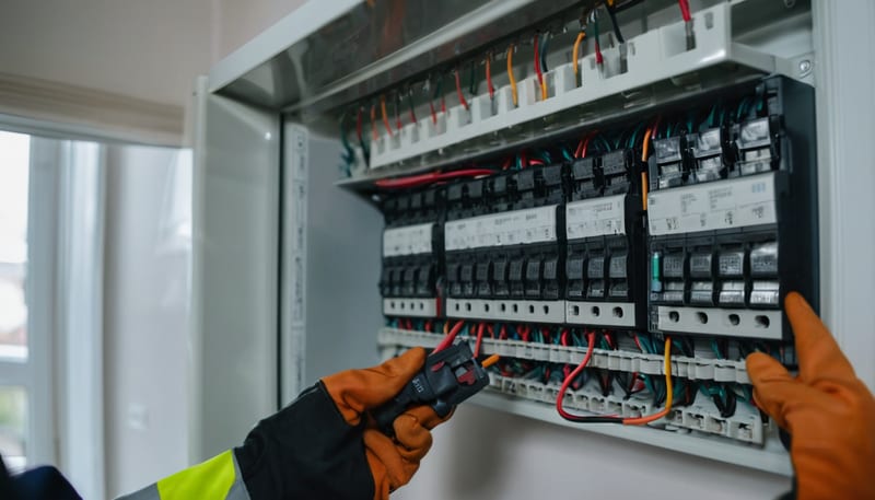 Elektriker inspekterar säkringsskåp