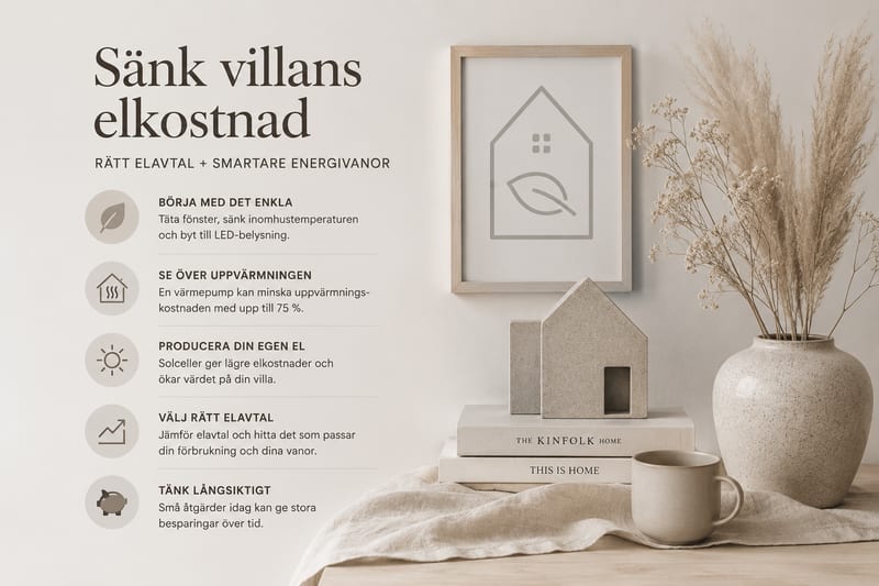 Villa med belyst fasad, symboliserar sänkt elkostnad för villaägare