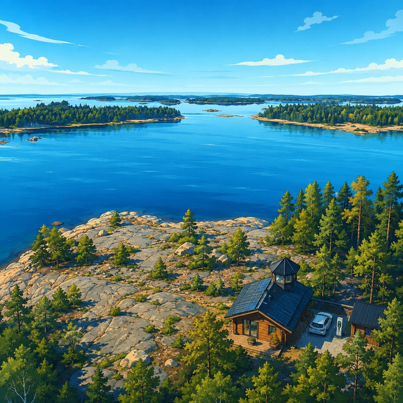 Semesterboende med solceller på taket och elbilsladdare