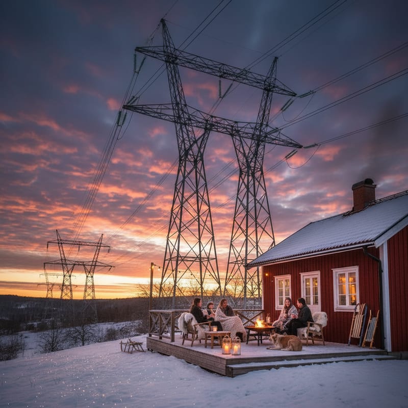 En modern svensk villa med svarta solpaneler installerade på ett sadeltak i söderläge. Solen reflekteras i glasytorna mot en klarblå vårhimmel, omgiven av grönskande björkar och en prydlig trädgård.
