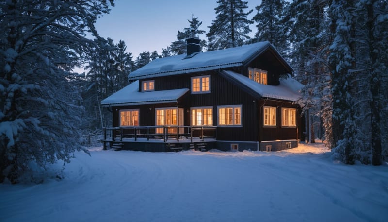 Snötäckt svenskt trähus med varmt lysande fönster i skymningen
