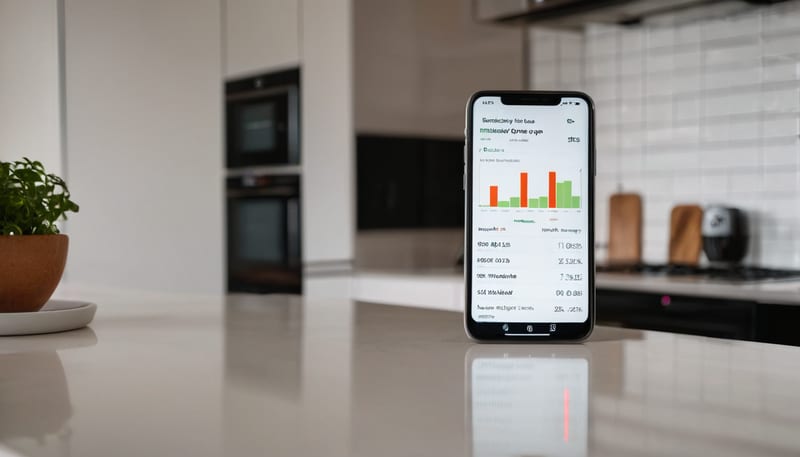 Mobilapp som visar timpris på el i modernt kök