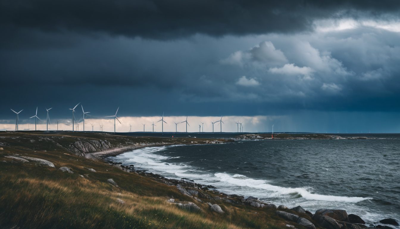 Dramatisk stormig himmel över kustlandskap med vindkraftverk