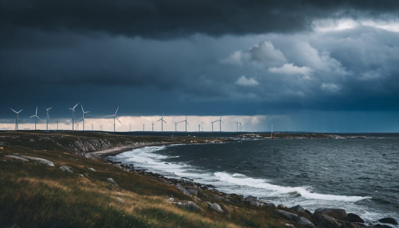 Dramatisk stormig himmel över kustlandskap med vindkraftverk