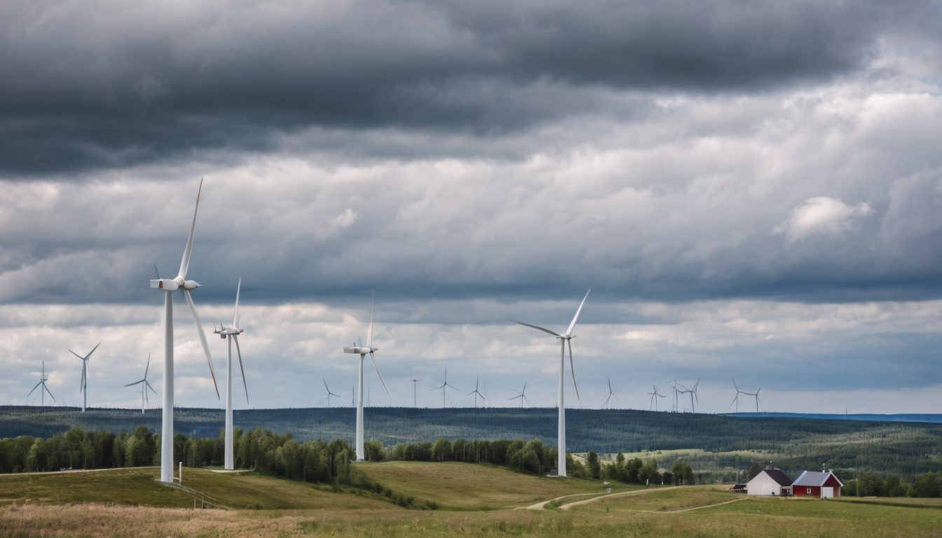Vindkraftverk på kulle i svensk landsbygd nära by