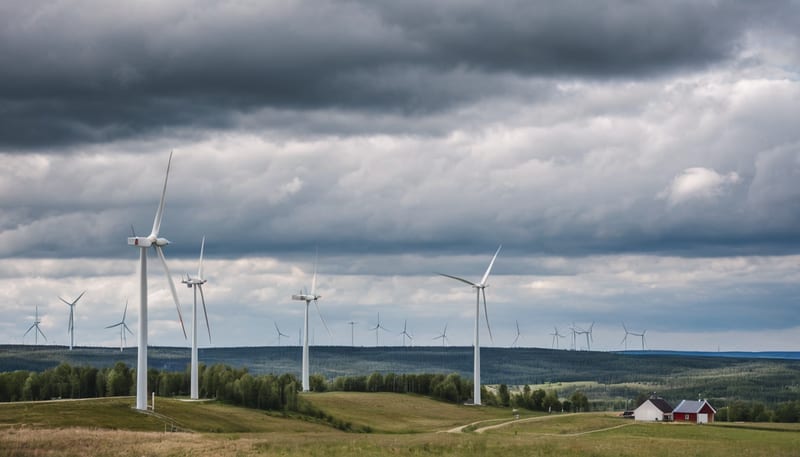 Vindkraftverk på kulle i svensk landsbygd nära by